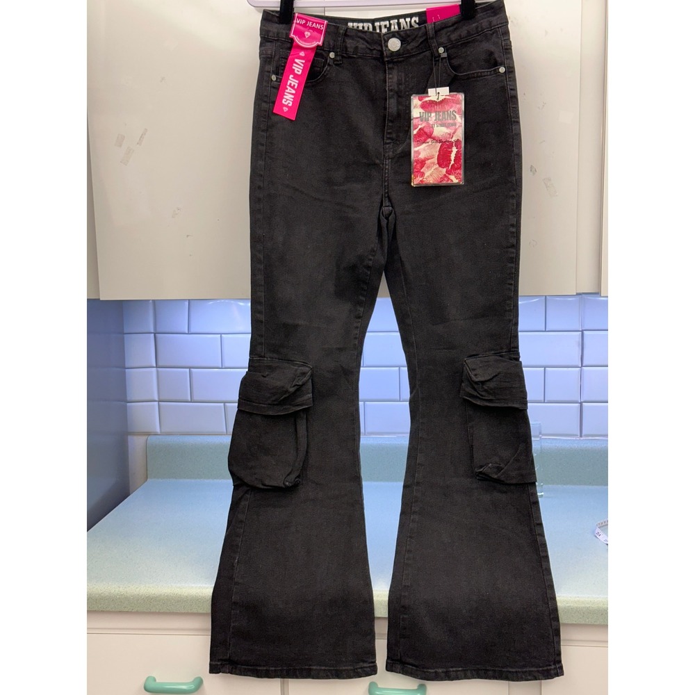 VIP Jeans Womens Black Cargo Flare High Waist Stretch Denim Pants Size 15/32